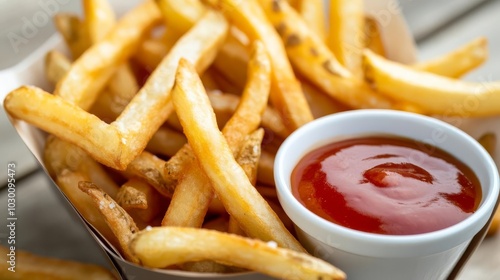 Crispy French fries with dipping sauce, warm glow, street food snacks, classic snack