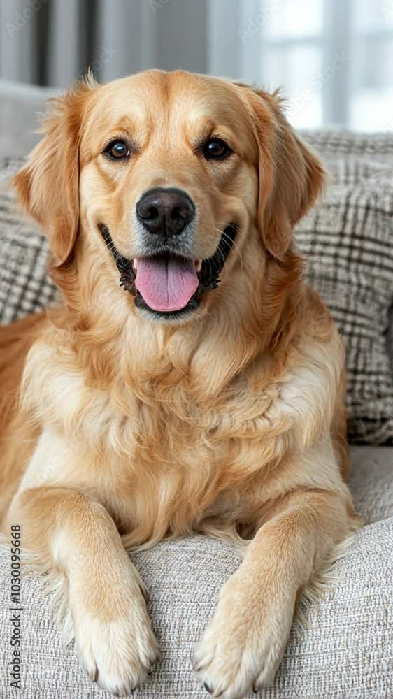 A golden retriever smiling while resting on a cozy couch. A golden retriever smiling while resting on a cozy couch.
