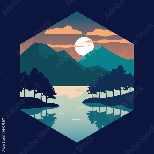 Vector Illustration mountain range with a lake and a sun in the sky