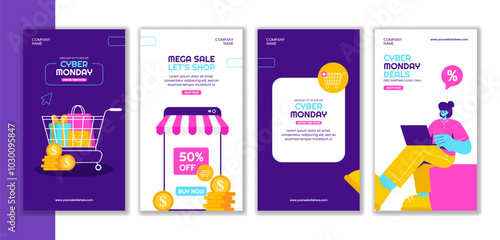 Cyber Monday Sales Event Flat Cartoon Style Social Media Stories Background