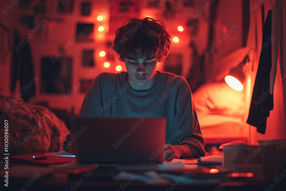 Man Working on Laptop in Cozy Room with Red Lighting
Man Working on Laptop in Cozy Room with Red Lighting