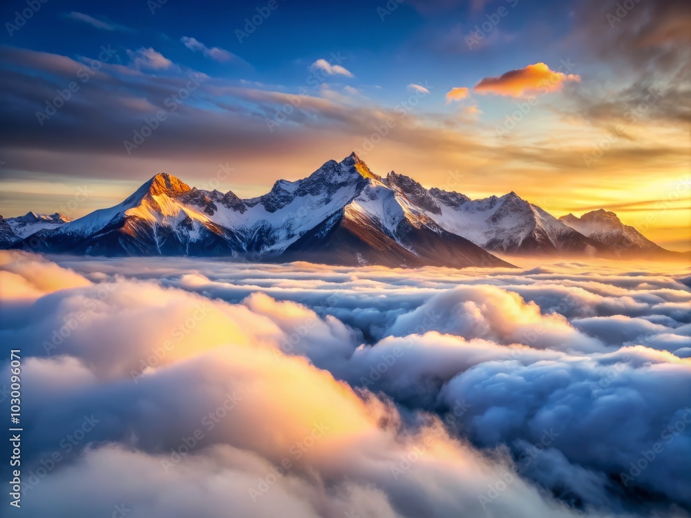 Fototapeta premium Majestic Snowcapped Mountain Range Emerging from a Sea of Clouds Bathed in Soft Morning Light - Captivating Long Exposure Landscape Photography