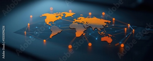 A high-tech map highlighting global connectivity with orange accents, representing network and data flow across countries. photo