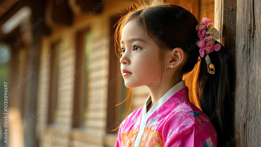 young Chinese girl wearing pink Hanfu traditional style attire standing at wooden mansion young Chinese girl wearing pink Hanfu traditional style attire standing at wooden mansion