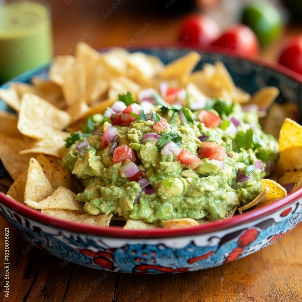 Freshly made guacamole being served with chips, street food snacks, Mexican delight Freshly made guacamole being served with chips, street food snacks, Mexican delight