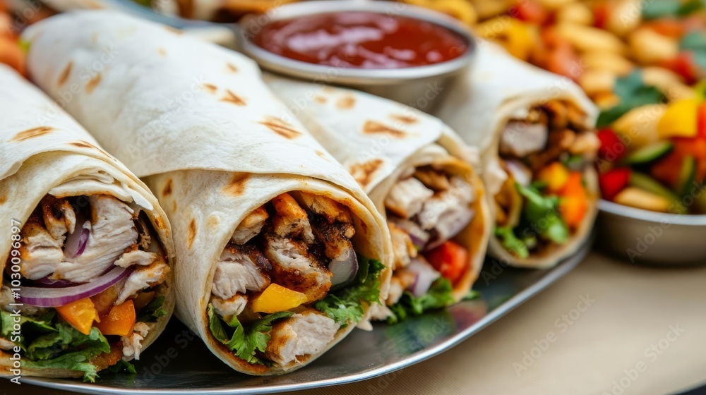 Freshly made shawarma wraps with sauce, busy market, street food snacks, Middle Eastern delight Freshly made shawarma wraps with sauce, busy market, street food snacks, Middle Eastern delight