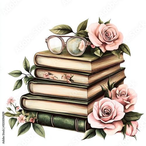 Vintage books with roses and glasses illustration, A romantic illustration of vintage books adorned with pink roses and round glasses, perfect for themes of nostalgia, literature, and beauty.

