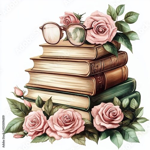 Vintage books with roses and glasses illustration, A romantic illustration of vintage books adorned with pink roses and round glasses, perfect for themes of nostalgia, literature, and beauty.

