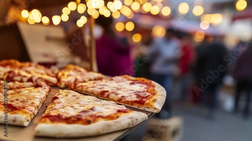 Freshly made pizza slices being served hot, crowded night market, street food snacks, Italian feast