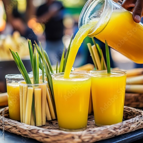 Freshly squeezed sugarcane juice being poured, street food snacks, refreshing tropical drink