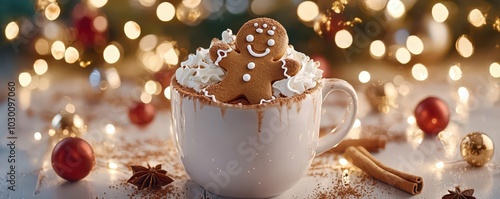 Cheerful gingerbread man resting in a frothy cup, radiating warmth and holiday spirit.