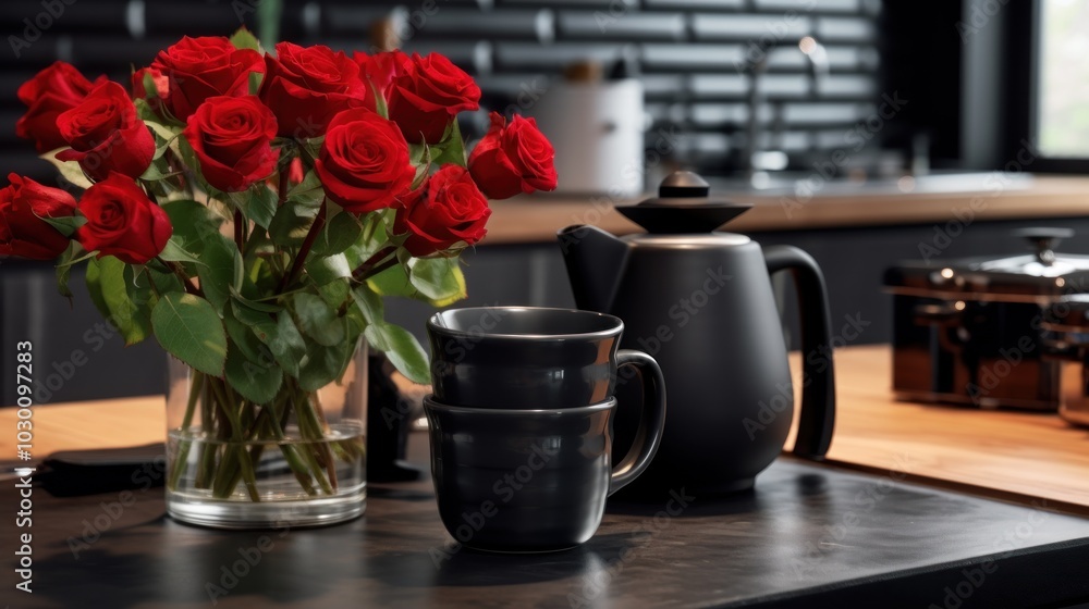 Red Roses and Teapot on Kitchen Countertop Red Roses and Teapot on Kitchen Countertop