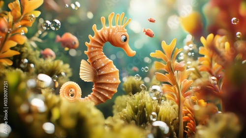 A cartoon seahorse swims through a vibrant coral reef, surrounded by bubbles and small fish. photo