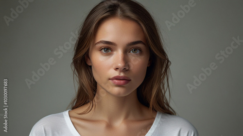 Close up portrait of beautiful female model in 20s with perfect glowy skin in basic white t shirt.