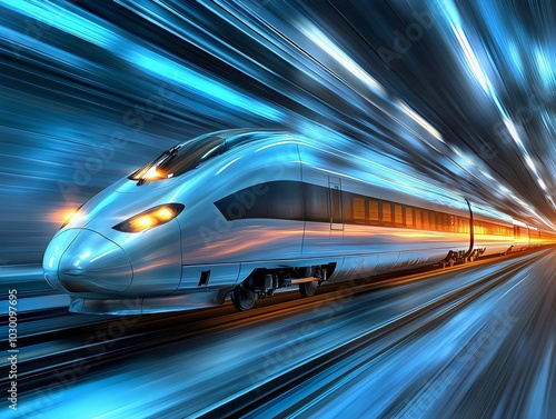 A futuristic train speeding along magnetic levitation tracks with motion blur demonstrates the rapid pace of modern transportation. Generative AI