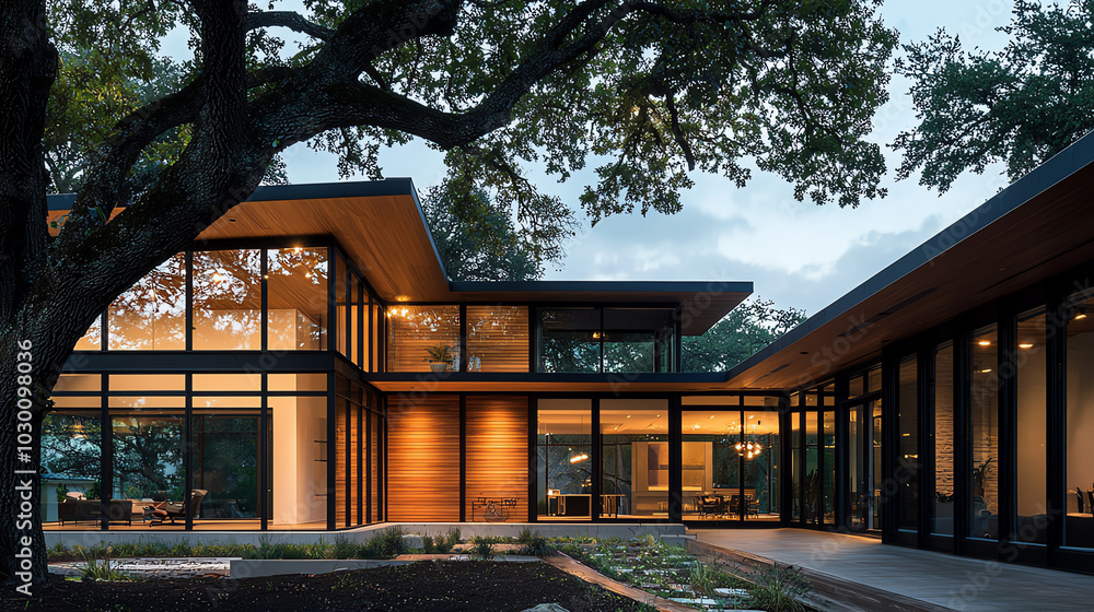 Obraz premium Modern house with large windows and greenery.