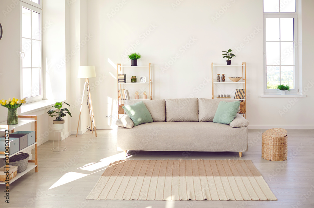 Modern interior fashion furniture inside modern empty light living room with white soft sofa, carpet, design interior ideas, new real-estate, rent property contemporary style, luxury accommodation Modern interior fashion furniture inside modern empty light living room with white soft sofa, carpet, design interior ideas, new real-estate, rent property contemporary style, luxury accommodation