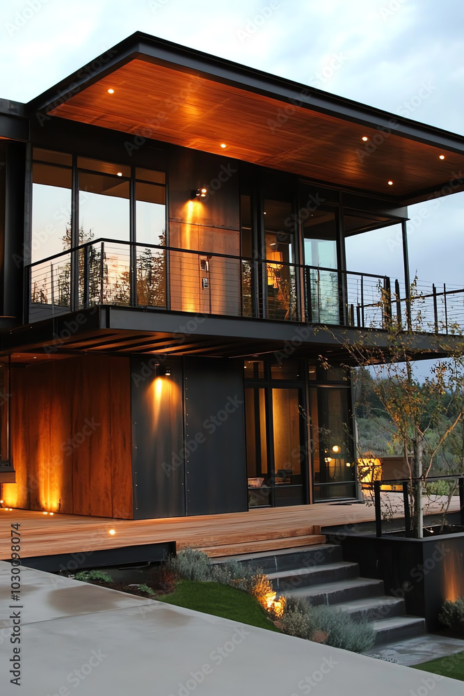 Obraz premium Modern house with wooden design and glass walls