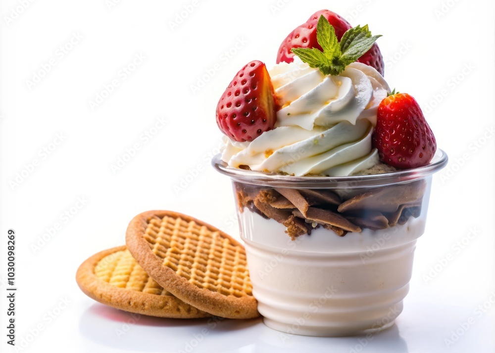 Minimalist Ice Cream Delight: Close-Up of Vanilla and Strawberry Whipped Cream with Chocolate Biscuit in Cup – Delicious Dessert for Free Time on White Background Minimalist Ice Cream Delight: Close-Up of Vanilla and Strawberry Whipped Cream with Chocolate Biscuit in Cup – Delicious Dessert for Free Time on White Background