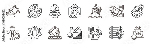 Technical Engineering thin line icon set. Containing robotic arm, system engineering, environmental engineering, software engineering, marine engineering