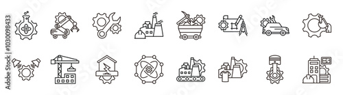 Technical Engineering thin line icon set. Containing chemical engineer, robotics engineering, mechanical engineering, safety helmet, mining engineering