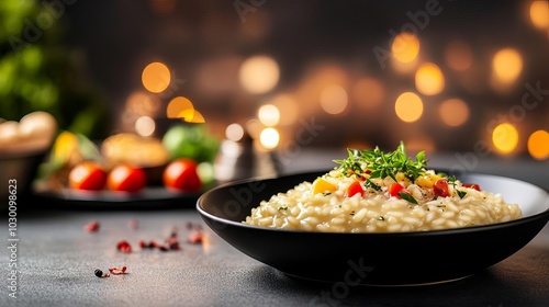 Hot risotto with fresh herbs, smoky city night, street food snacks, Italian feast photo