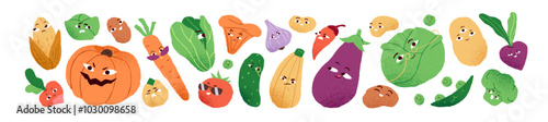 Funny vegetables with faces set. Different comic characters with various emotions: happy, sad, angry. Cute farm food: carrot, cabbage, pumpkin. Flat isolated hand drawn vector illustrations on white