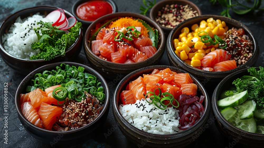 Delicious Salmon Poke Bowls with Fresh Ingredients Delicious Salmon Poke Bowls with Fresh Ingredients