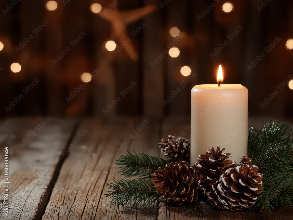 Elegant Christmas candle flickering softly on a rustic wooden table adorned with pinecones. Elegant Christmas candle flickering softly on a rustic wooden table adorned with pinecones.