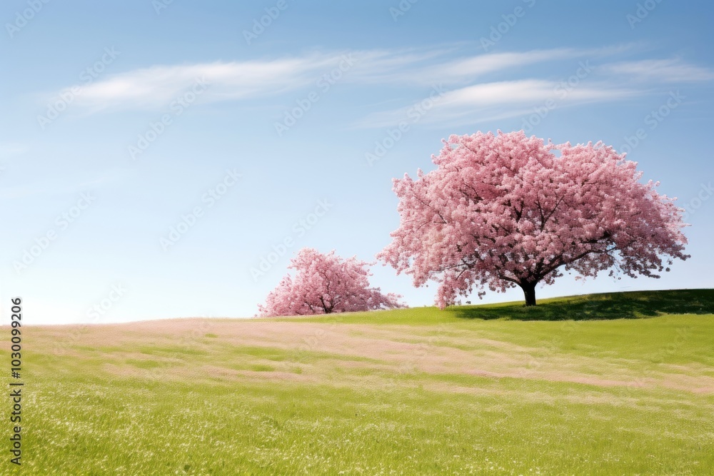 Hilly grass field with cherry blossom trees landscape outdoors nature. Hilly grass field with cherry blossom trees landscape outdoors nature.