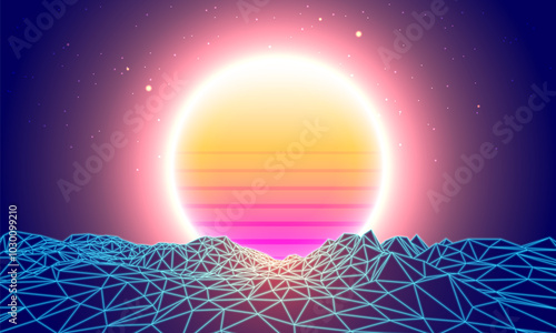 Futuristic landscape with mountains and sunset. 80s retro neon concept. Vector illustration.