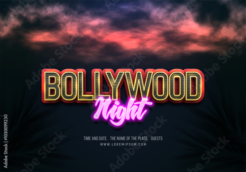 Bollywood night party. Banner or poster with retro neon signs. Vector illustration.