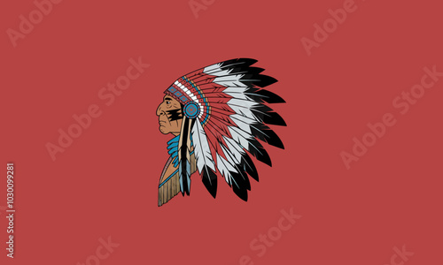 Profile of Native American chief wearing a feathered headdress.