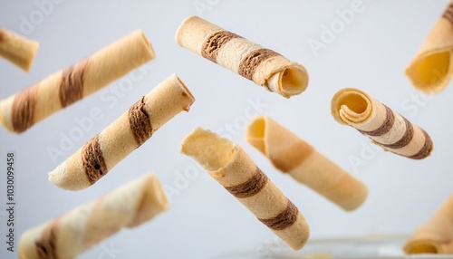 Wallpaper Mural Bite wafer rolls inside filled with chocolate air flying, placed on what appears isolated background. ai generated Torontodigital.ca