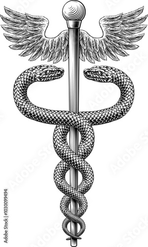 Caduceus staff of Hermes medical or commerce symbol. Snakes around a winged rod. Often used in place of the rod of Asclepius doctor icon for medicine and health care. Vintage woodcut etching style.