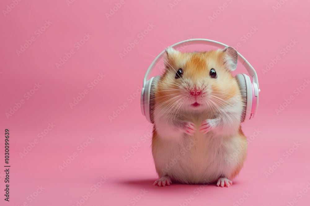 A hamster with headphones enjoying music against a pink background. A hamster with headphones enjoying music against a pink background.