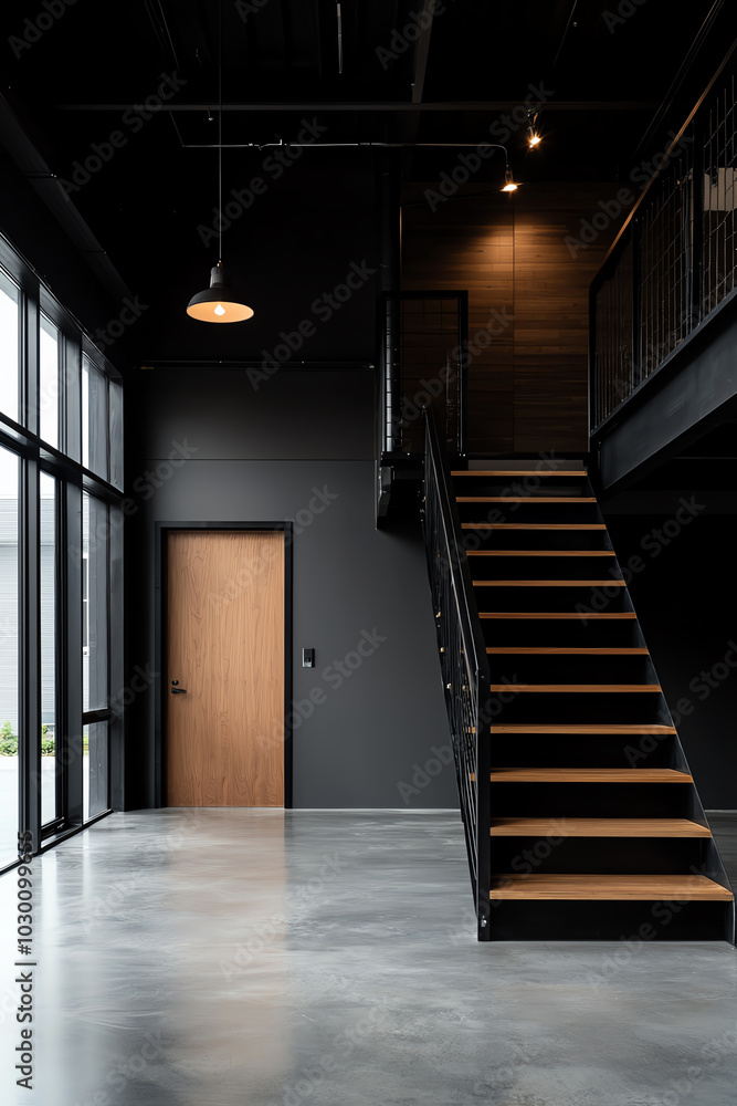 Fototapeta premium Modern interior with stairs and large windows