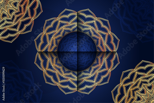 A vibrant circular pattern on a blue and gold backdrop, showcasing an elegant blend of colors and shapes