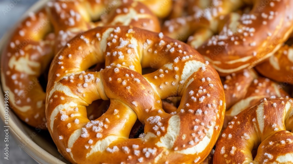 Soft pretzels being salted under city lights at a busy street corner, street food snacks, city night snacks Soft pretzels being salted under city lights at a busy street corner, street food snacks, city night snacks