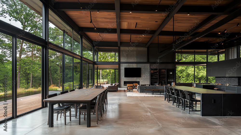 Modern kitchen interior with large windows. Modern kitchen interior with large windows.