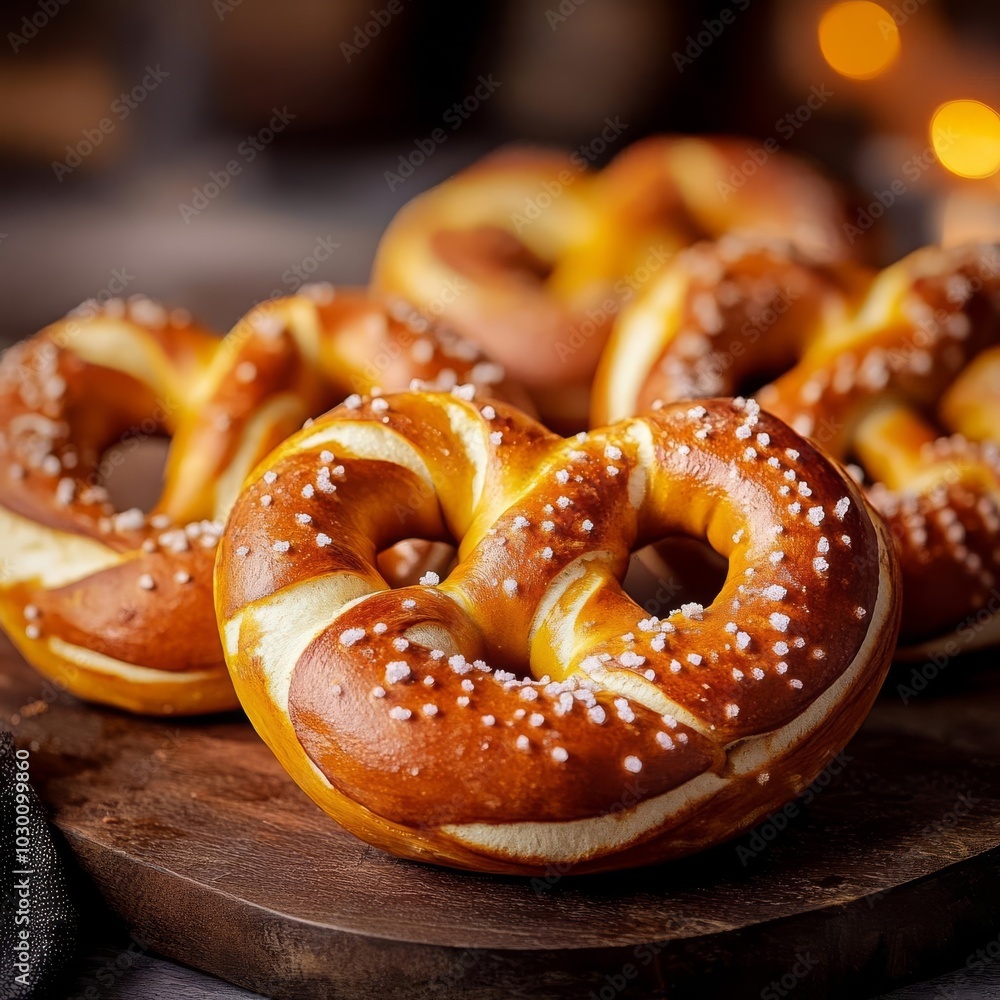 Soft pretzels with salt under a warm light, bustling crowd, street food snacks, classic snack Soft pretzels with salt under a warm light, bustling crowd, street food snacks, classic snack