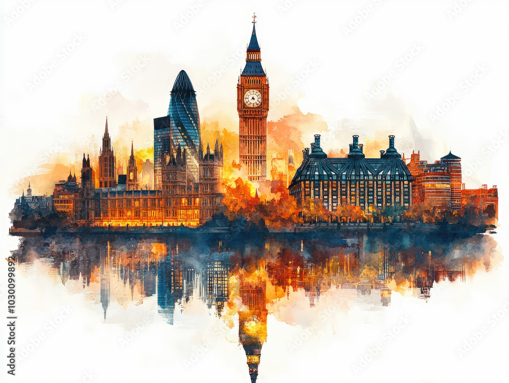 Obraz premium Iconic London skyline with Big Ben and modern skyscrapers