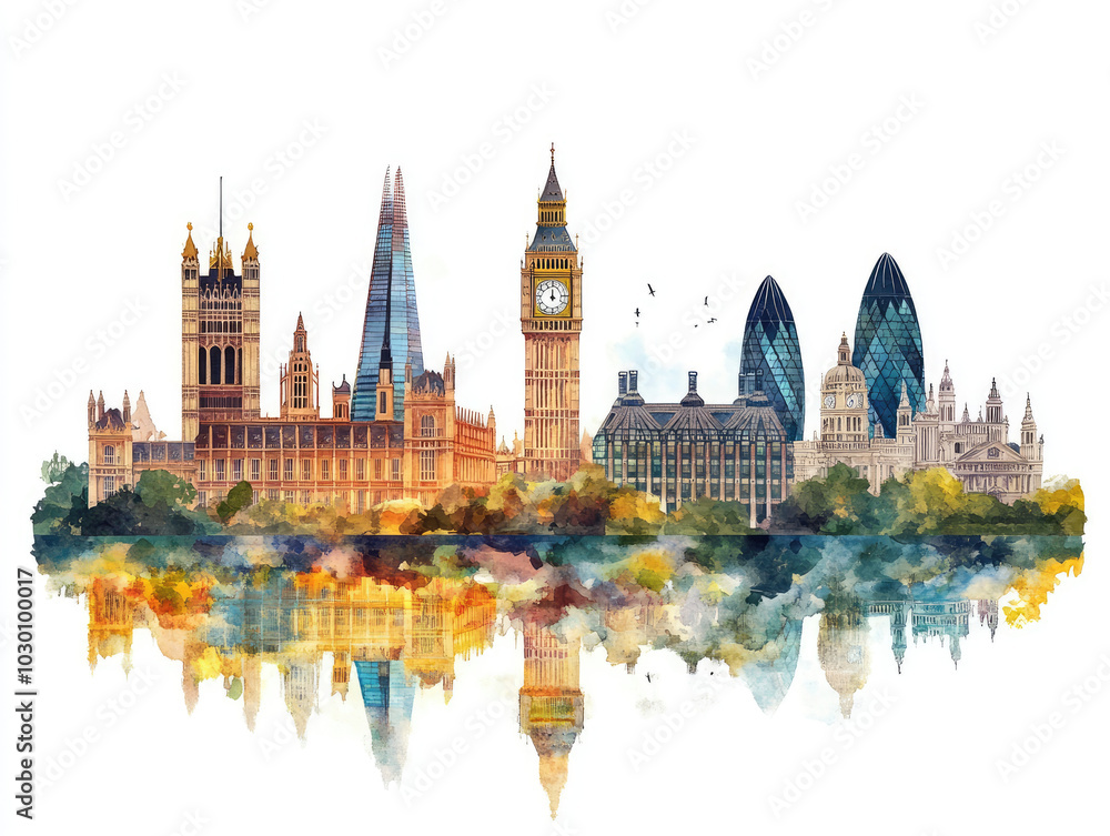 Obraz premium Iconic London skyline with Big Ben and modern skyscrapers