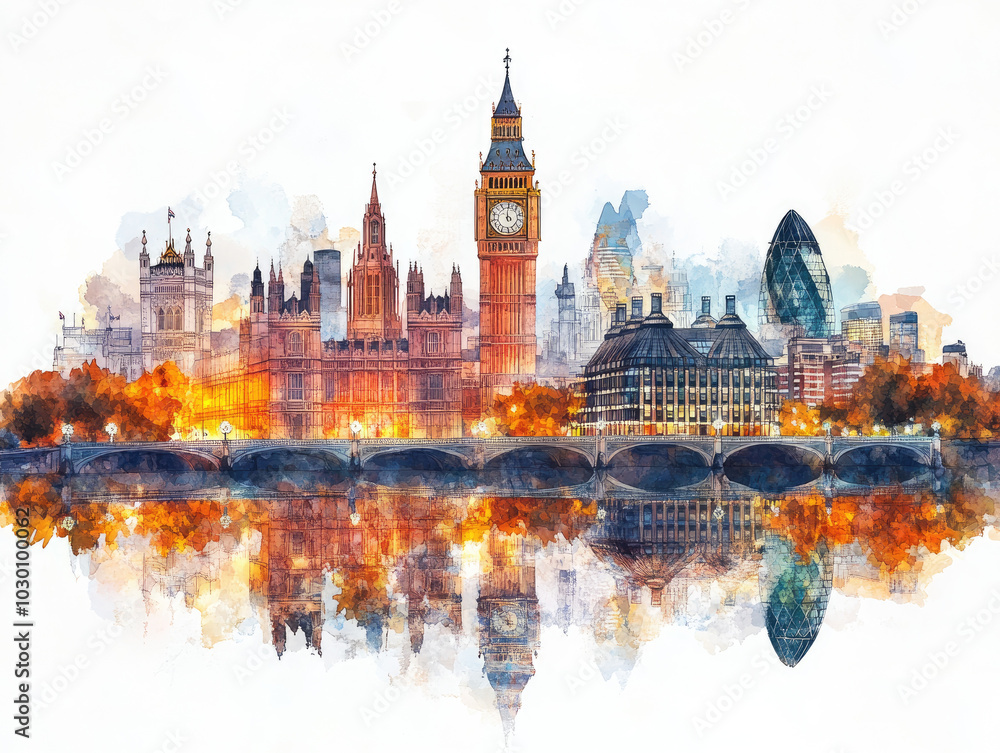 Iconic London skyline with Big Ben and modern skyscrapers Iconic London skyline with Big Ben and modern skyscrapers