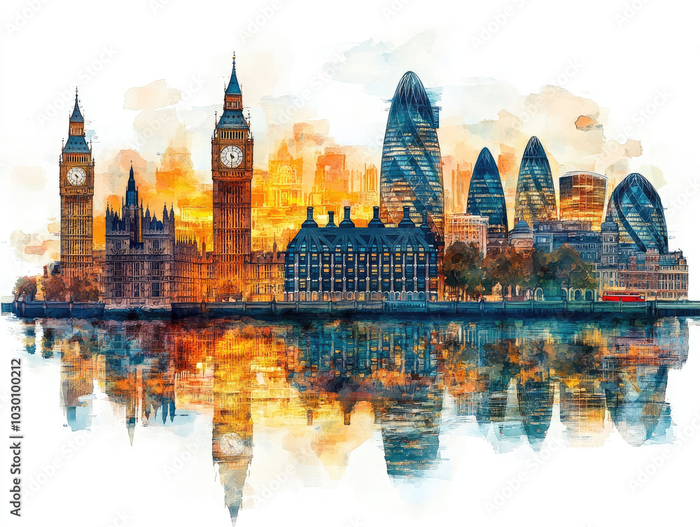 Obraz premium Iconic London skyline with Big Ben and modern skyscrapers