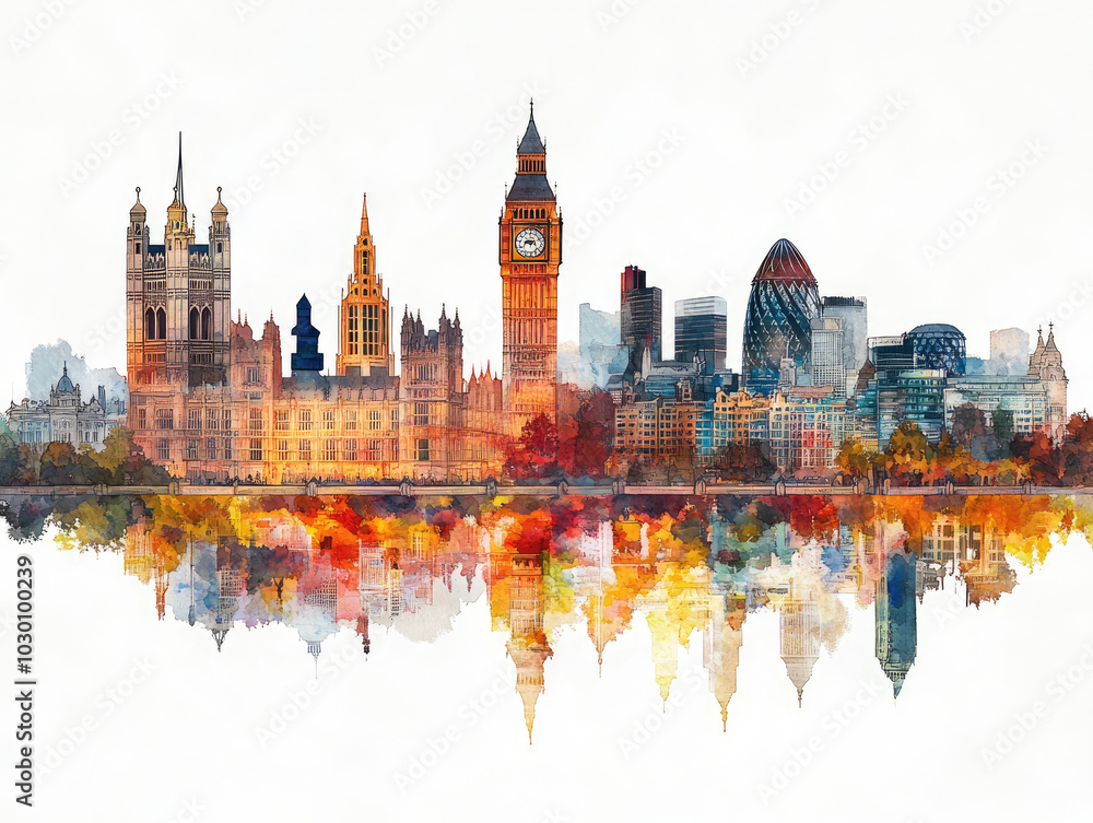 Iconic London skyline with Big Ben and modern skyscrapers Iconic London skyline with Big Ben and modern skyscrapers