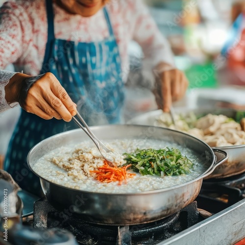 Street vendor preparing hot porridge with toppings, street food snacks, comfort night food