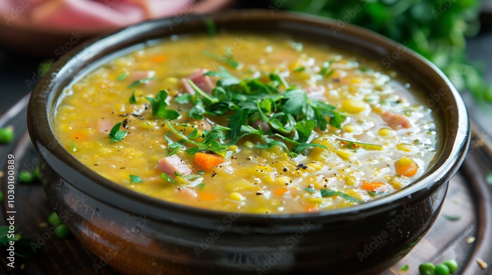 Close-up of a Bowl of Creamy Pea Soup with Ham and Parsley Close-up of a Bowl of Creamy Pea Soup with Ham and Parsley