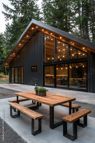 Modern outdoor dining area with wooden table