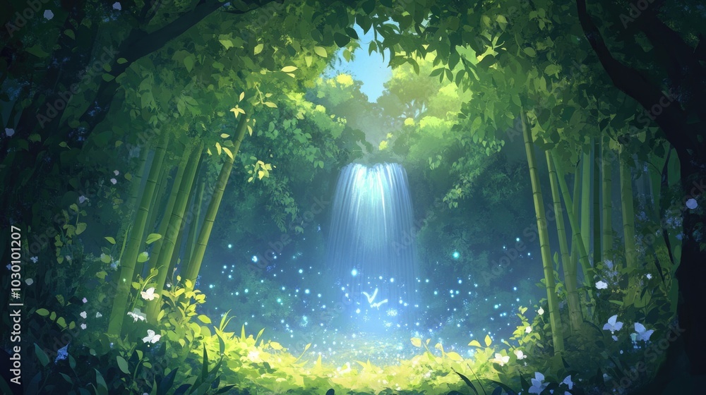 Cartoon-style green forest with bamboo and sparkling waterfall. Colorful, fairytale lighting. Cartoon-style green forest with bamboo and sparkling waterfall. Colorful, fairytale lighting.